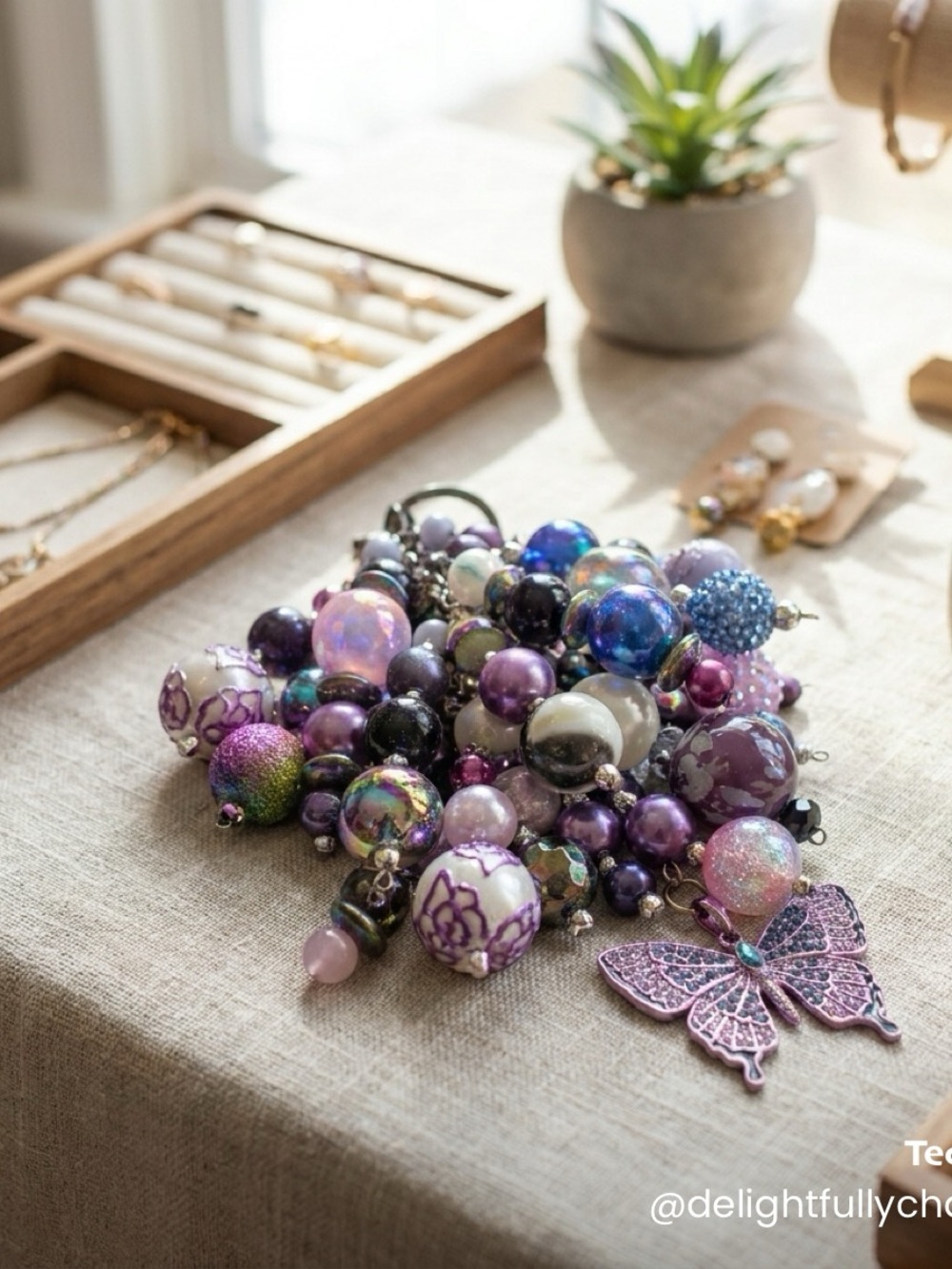 Purple Mixed Bead Statement Purse Charm with Butterfly